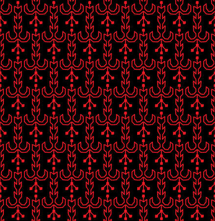 Seamless pattern tree Ornament of Russian folk embroidery, red contour on black background. Can be used for fabrics, wallpapers, websites. Vector illustrationのイラスト素材
