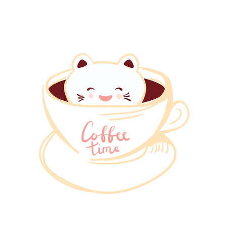 Coffee time. Cute Kawai cat in cup of froth art coffee, isolated on white background. Latte Art 3D. milk foam top on the cup of hot chocolate. Doodle sketch. Vector illustrationのイラスト素材
