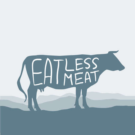 Eat less meat. Cow silhouette graze in the field, landscape, sky, grass, pasture. Blue, gray background. Pollution problem concept Eco, ecology banner poster. Vector illustrationのイラスト素材