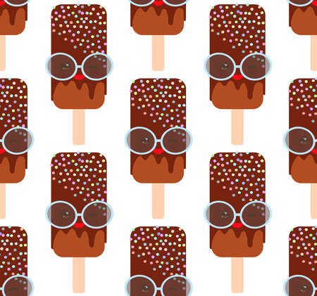 seamless pattern chocolate ice cream, ice lolly with sprinkles. Kawaii with pink cheeks and winking eyes, Sunglasses, pastel colors on white background. Vector illustrationのイラスト素材