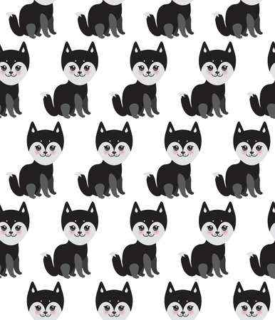 seamless pattern Kawaii funny black gray husky dog, face with large eyes and pink cheeks, isolated on white background. Vector illustrationのイラスト素材
