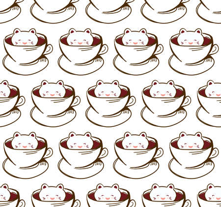 Seamless pattern Cute Kawai cat in cup of froth art coffee, isolated on white background. Latte Art 3D. milk foam top on the cup of hot chocolate. Doodle sketch. Vector illustrationのイラスト素材
