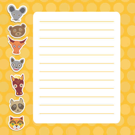 Card design with Kawaii mouse bear bull bat horse raccoon cat, orange pastel colors polka dot lined page notebook, template, blank, planner background. Vector illustrationのイラスト素材