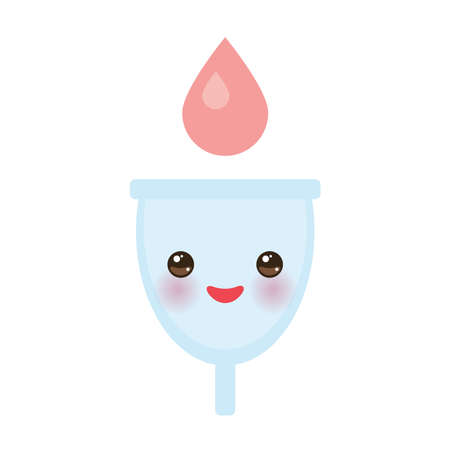 Kawaii menstrual cup is a feminine hygiene product made of flexible medical grade silicone and shaped like a bell, pink cheeks and winking eyes, pastel colors on white background. Vector illustrationのイラスト素材