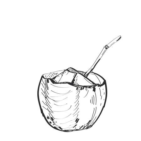 coconut with a straw sketch, black contour isolated on white background. simple art, Can be used for Card banner template, copy space. Vector illustrationのイラスト素材