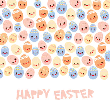 Happy Easter greeting card banner template design. Kawaii colorful blue orange pink yellow cute funny egg with pink cheeks and winking eyes, pastel colors on white background. Vector illustrationのイラスト素材