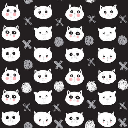 Seamless pattern funny white cat face on black background. simple ornament, Can be used for Gift wrap, fabrics, wallpapers. Vector illustrationのイラスト素材