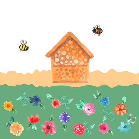 Bee hotel insect bumblebee bee bug house, wooden object produced to mimic the solitary bees natural breeding nests. Watercolor flowers leaves on green white background. Applicable for Banners Posterの写真素材