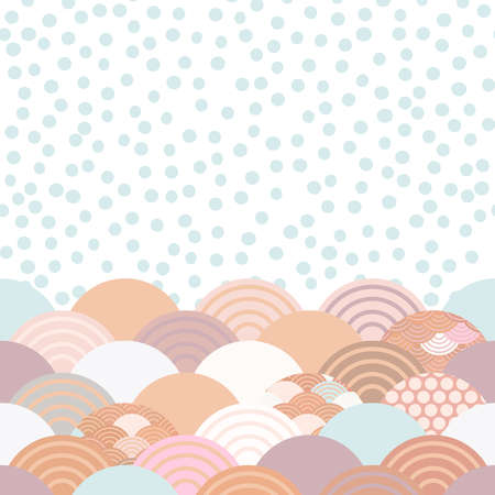 wave white blue grey lilac pink terracotta colors card banner design for text, rain polka dot, abstract scales simple Nature background with japanese circle pattern space for text. Vector illustrationのイラスト素材