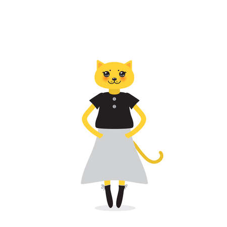 funny Kawaii cat girl in dress with pink cheeks, cartoon pet yellow gray black isolated on white background. Can be used for greeting card design, for your text, fashion print for baby clothes. Vector illustrationのイラスト素材