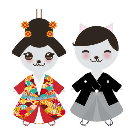 Japanese boy and girl in national costume. kimono, Cartoon cat in traditional dress. Japan sakura wave circle pattern red burgundy colors card banner design isolated on white background. Vector illustrationのイラスト素材