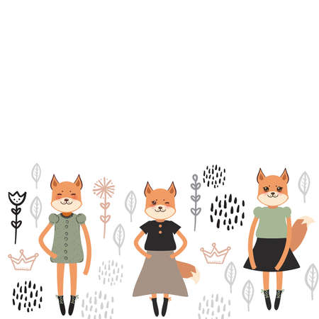 funny Kawaii fox girl in dress with pink cheeks, cartoon pet Gray black orange beige tan on white flowers leaves background. Can be used for greeting card design, your text, fashion baby print. Vector illustrationのイラスト素材