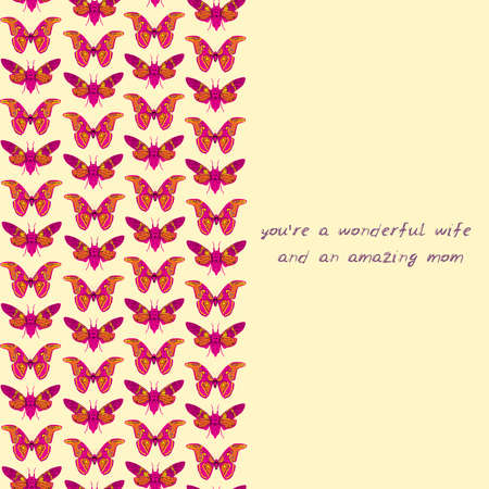 You are a wonderful wife and an amazing mom. White butterfly cicadas sketch, yellow orange mustard pink background. simple art. Can be used for Card banner template, copy space. Vector illustrationのイラスト素材