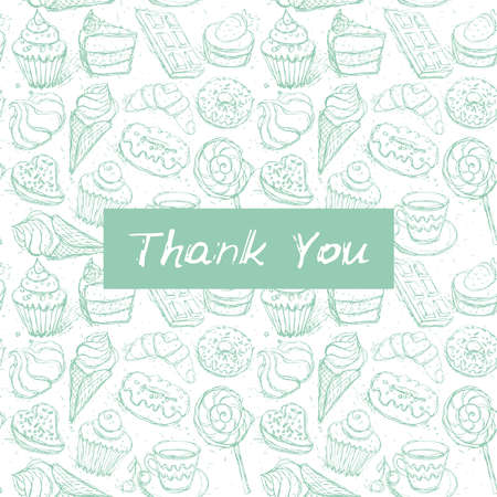 Thank you card, note. Hand drawn confectionery seamless pattern croissant Cupcake candy marshmallow ice cream cake donut and coffee, mint green blue isolated on white background. Vector illustrationのイラスト素材