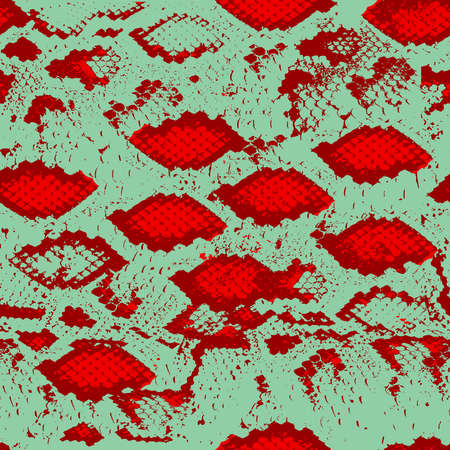 Snake skin scales texture. Seamless pattern red burgundy on green background. simple ornament,...
