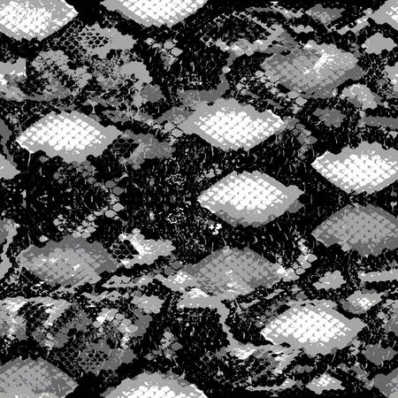 Snake skin scales texture. Seamless pattern Gray black white background. simple ornament, fashion...