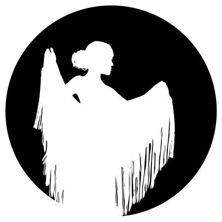 Woman in long dress stay in dancing pose. flamenco dancer, spanish. beautiful female profile black silhouette Isolated on white background. Vector illustrationのイラスト素材