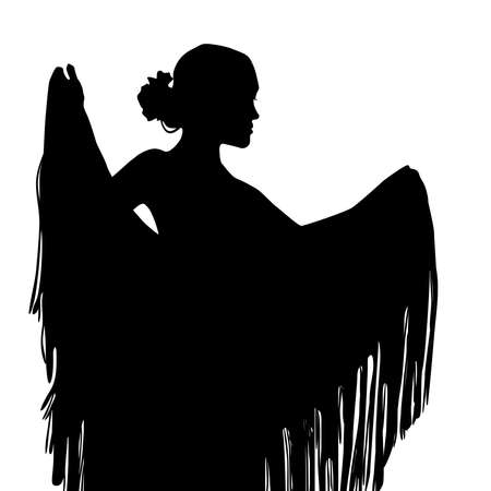 Woman in long dress stay in dancing pose. flamenco dancer, spanish. beautiful female profile black silhouette Isolated on white background. Vector illustrationのイラスト素材