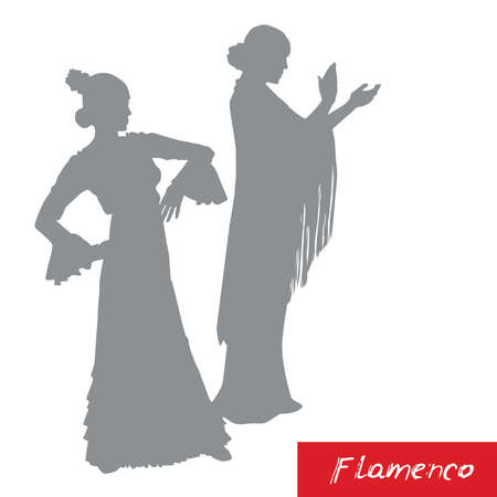 Women in long dress stay in dancing pose. flamenco dancer, spanish. beautiful female profile gray silhouette Isolated on white red background. Vector illustrationのイラスト素材