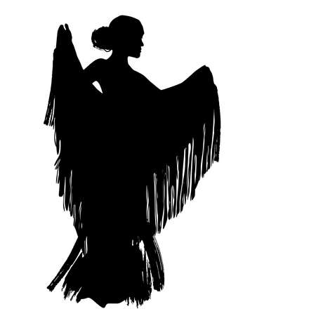 Woman in long dress stay in dancing pose. flamenco dancer, spanish. beautiful female profile black silhouette Isolated on white background. Vector illustrationのイラスト素材