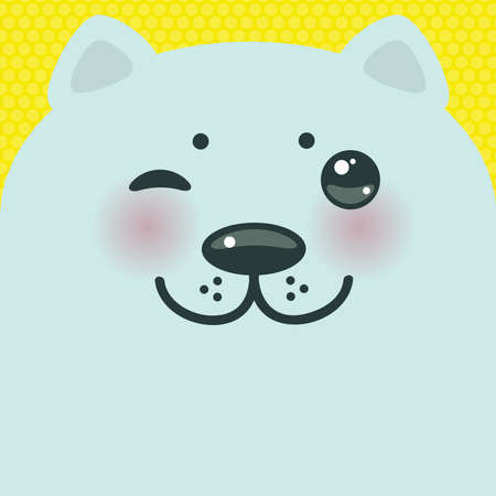 Cute Cartoon Kawaii funny blue bear muzzle with pink cheeks and big eyes on a yellow background. Card banner design Nursery decor trend of the season, scandinavian style. Vector illustrationのイラスト素材