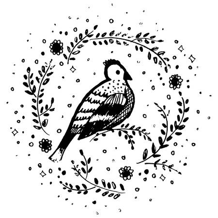 card banner poster, circle wreath bird leaves flowers. sketch markers, freehand drawing doodle lines scandinavian background grunge texture. Nursery decor trend of the season, black white. Vector illustrationのイラスト素材