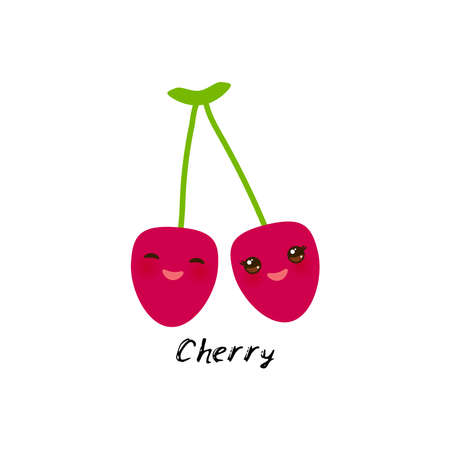 cute Kawaii red cherry with eyes and pink cheeks, isolated on white background trend of the season. Can be used for cards for children learning words, food packaging. Vector illustrationのイラスト素材