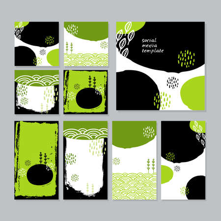 Card banner design collection japanese doodle scandinavian style white green black grunge background. ornament trend of the season. Abstract tile template frame for text copy space. Vector illustrationのイラスト素材