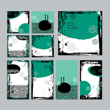 Card banner design collection japanese doodle scandinavian style white black teal blue green grunge background. ornament trend of the season. Abstract tile template frame for text copy space. Vector illustrationのイラスト素材