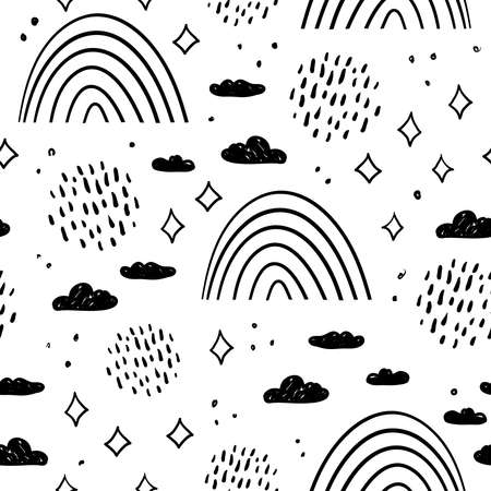 magic tale seamless pattern rainbow abstract scales, sky clouds and stars, simple Nature doodle lines scandinavian style background. Nursery decor trend of the season Black isolated on white. Vector illustrationのイラスト素材