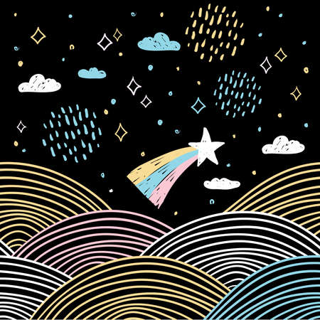 magic tale card banner design abstract scales comet, night sky, clouds stars, simple Nature doodle lines scandinavian style trend of the season, circle pattern pink white on black background. Vector illustrationのイラスト素材