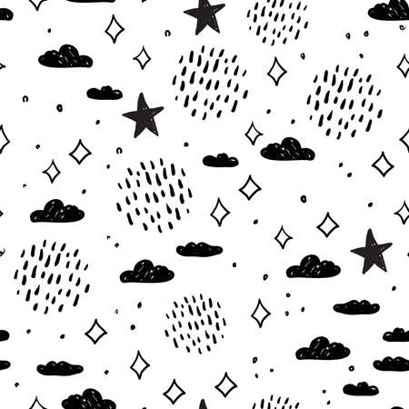 magic tale seamless pattern abstract sky clouds rain and stars, simple Nature doodle lines scandinavian style background. Nursery decor trend of the season Black isolated on white. Vector illustrationのイラスト素材