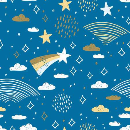 magic tale seamless pattern rainbow abstract scales, sky clouds and stars, simple Nature doodle lines scandinavian style background. Nursery decor trend of the season blue white yellow mustard. Vector illustrationのイラスト素材