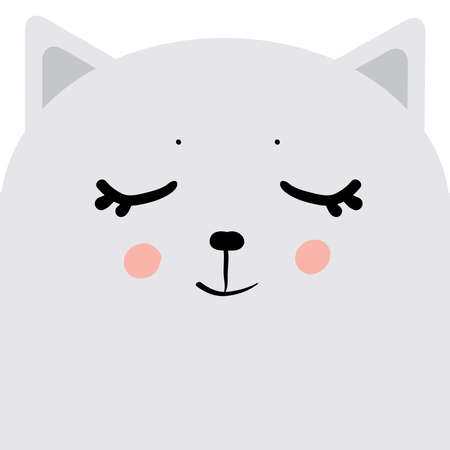 Kawaii funny cat, closed eyes Gray face on white background. Card banner design Nursery decor trend of the season, scandinavian style. Vector illustrationのイラスト素材