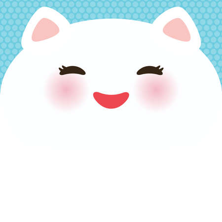 Kawaii funny cat, white bear face on blue dot background. Card banner design Nursery decor trend of the season, scandinavian style. Vector illustrationのイラスト素材
