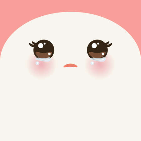 Kawaii funny beige muzzle with pink cheeks and big eyes Cute cartoon pet simple Crying Face. portrait on pink background for your text. Vector illustrationのイラスト素材