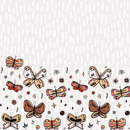 card banner poster, butterflies leaves flowers, copy space. sketch freehand drawing doodle lines scandinavian style background grunge texture.のイラスト素材