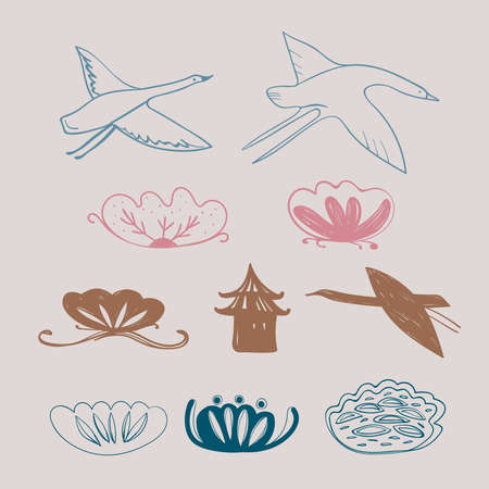 Simple lines  style  cranes, swans, heron birds fly and water lily designのイラスト素材