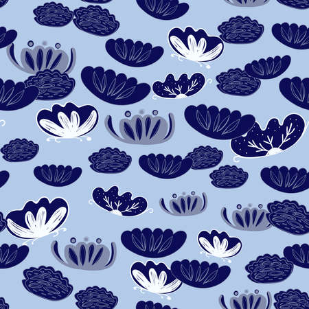 Seamless pattern water lily, slotus leaves flowers imple lines asian japanese chinese style white dark navy blue background. trend of the season. Can be used for Gift wrap fabrics, wallpapers. Vector illustrationのイラスト素材