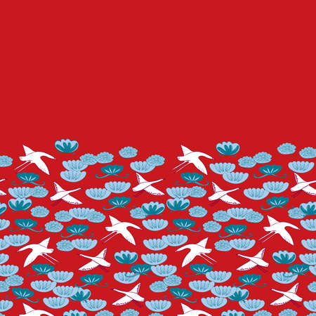 Card banner design cranes swans, herons birds fly, water lily, simple lines asian japanese chinese style blue gray white red background. trend of the season. template frame for text copy space. Vector illustrationのイラスト素材