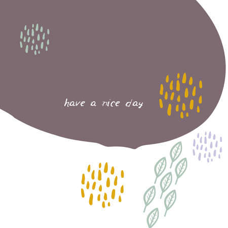Have a nice day. Card banner design leaves doodle scandinavian style mustard green lilac white background. simple ornament trend of the season. Abstract template frame for your text copy space. Vector illustrationのイラスト素材