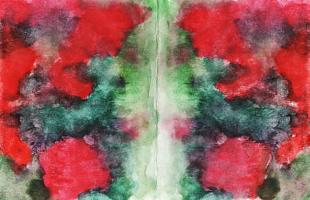 Rorschach test, watercolor, monotype, abstract colorful symmetric painting, texture background for your design. green blue red brown blackの写真素材