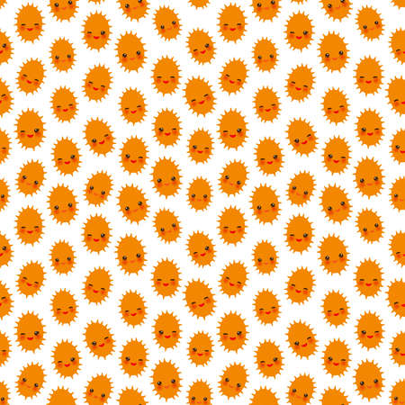 Seamless pattern with cute Kawaii kiwano fruit with wink eyes and pink cheeks, isolated on white...