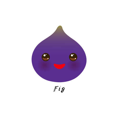 cute Kawaii violet fig with eyes and pink cheeks, isolated on white background trend of the season. Can be used for cards for children learning words, food packaging. Vector illustrationのイラスト素材