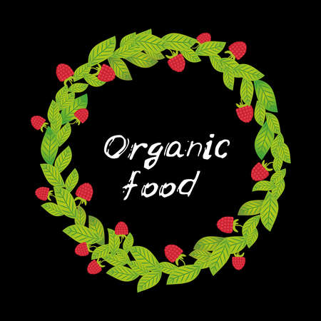 Organic food, Farmers market. Card banner template ripe red raspberries. text, calligraphy, lettering, doodle by hand on dark brown background. Vector illustrationのイラスト素材