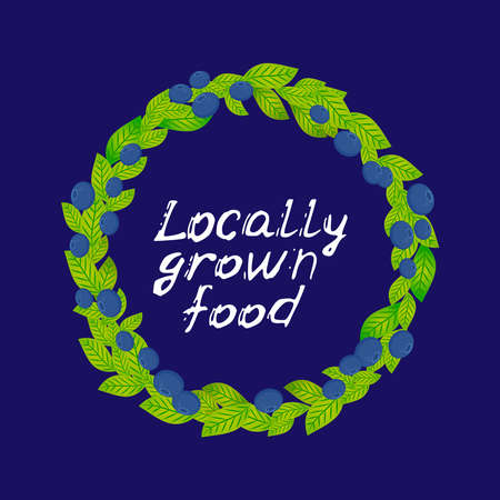 Locally grown food, Round wreath with green leaves and blueberry, bilberry, whortleberry Fresh juicy berries on dark blue background card banner design, copy space, food packaging. Vector illustrationのイラスト素材