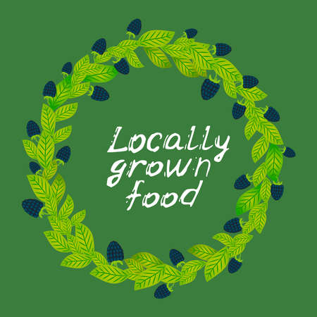 Locally grown food, Round wreath with leaves and Fresh juicy blackberry on green background card banner design, copy space, food packaging. Vector illustrationのイラスト素材