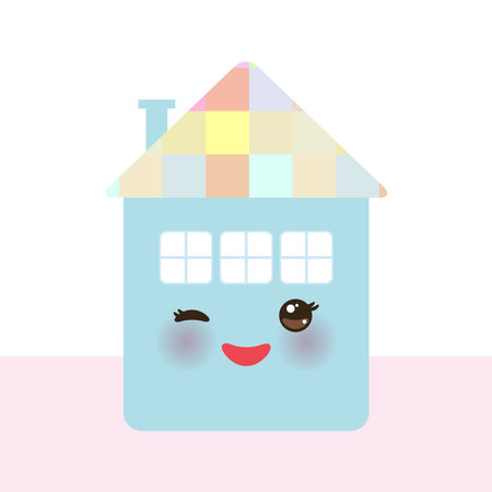 Funny happy house, kawaii face, smile, pink cheeks, big eyes. pastel colors. Banner card template for your text, copy space, isolated on white blue background. Vector illustrationのイラスト素材