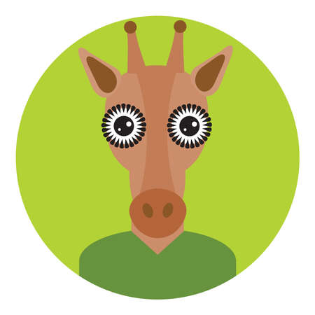 Kawaii funny little brown giraffe, portrait, face on green round background. Card banner design Nursery decor trend of the season, scandinavian style. Vector illustrationのイラスト素材