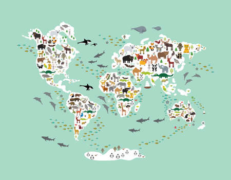 Cartoon animal world map for children kids, back to school. Animals from all over the world, white continents islands on green mint chartreuse background of ocean and sea. Scandinavian decor. Vectorのイラスト素材